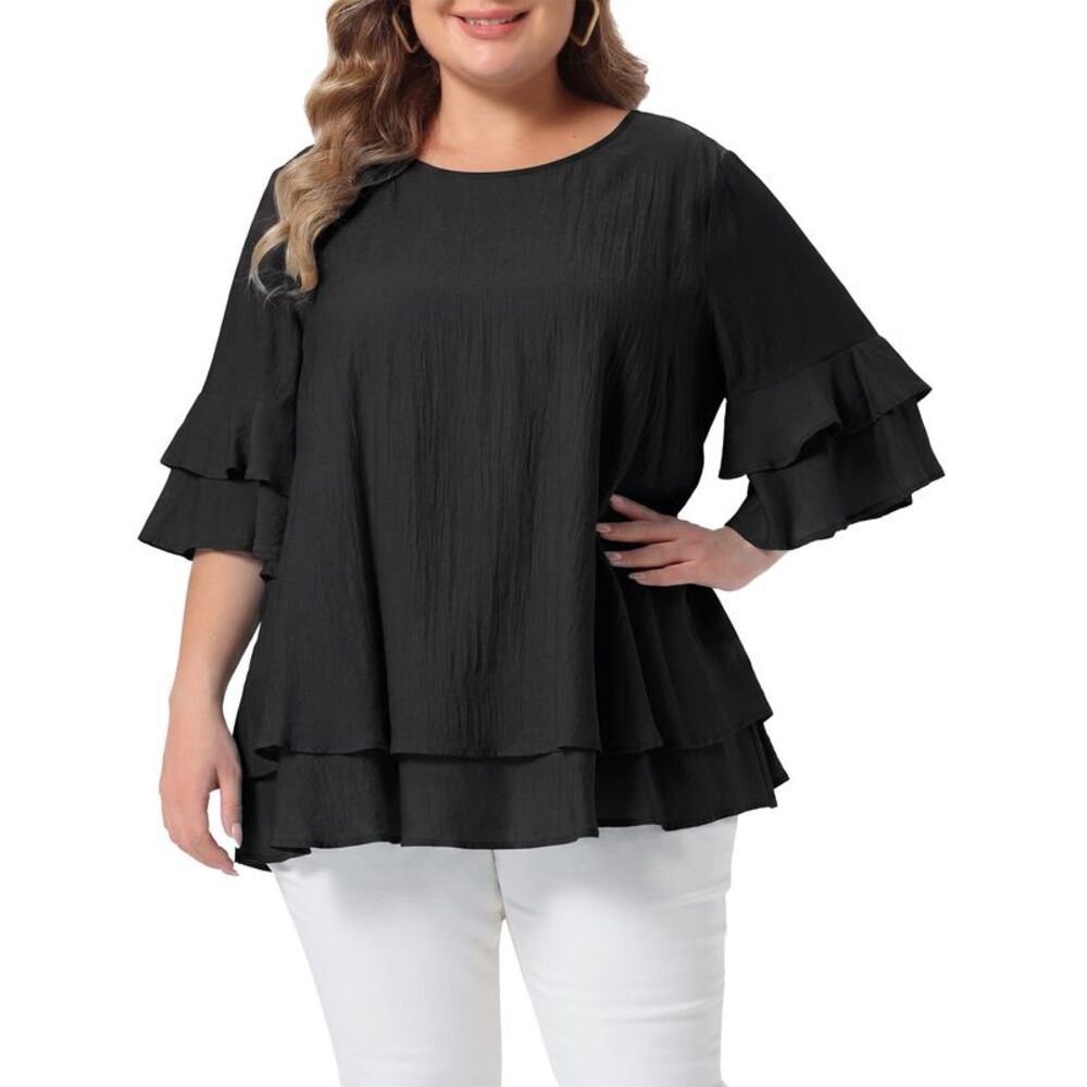 Women Plus Size Ruffle Half Short Sleeve Summer Blouse Top Black